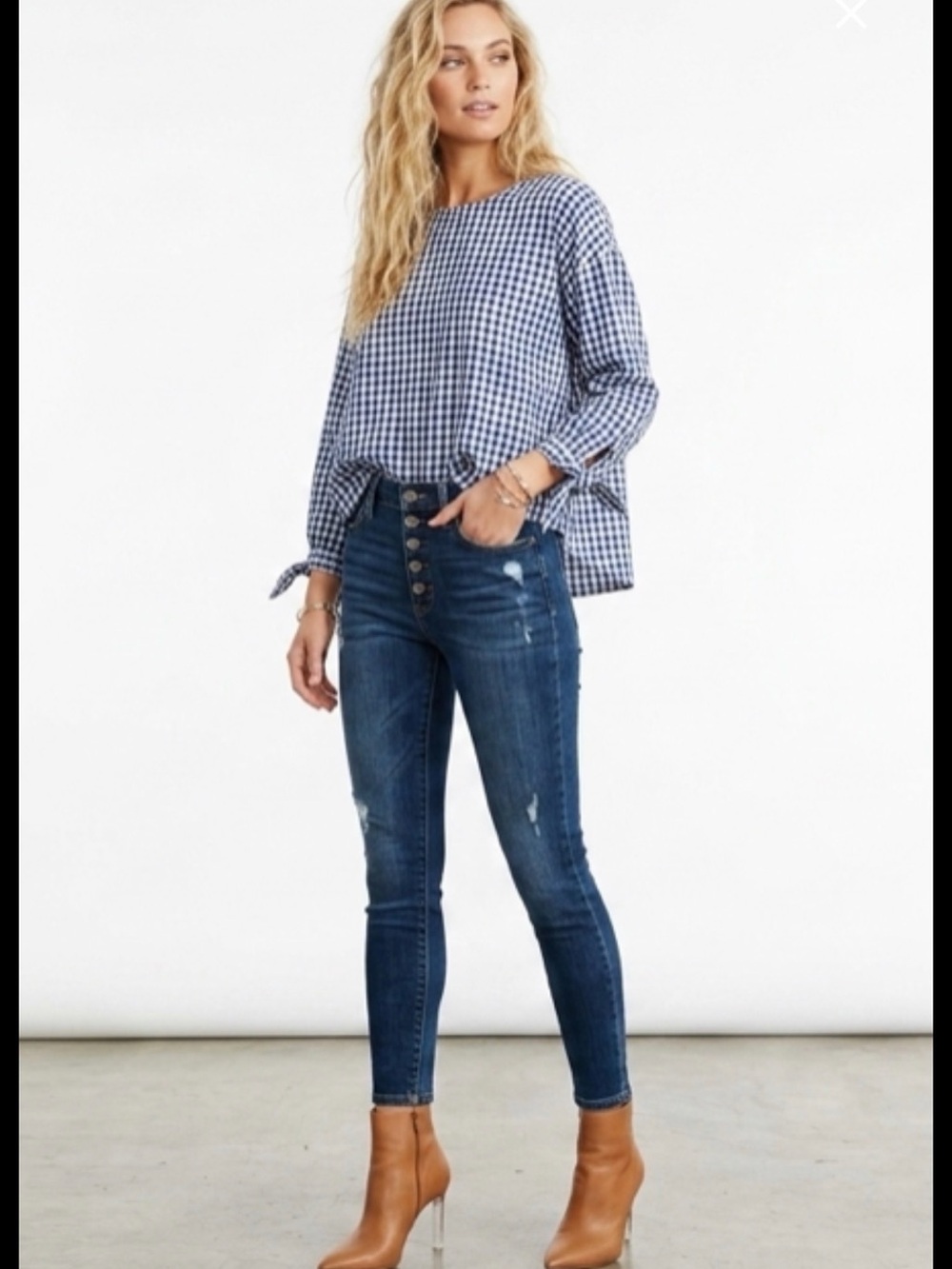 Vince Camuto Blue Gingham Check Boatneck Top Tie Cuff Sleeves Size S Oversized